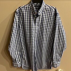 PAUL FREDRICK MENS Non iron checkered blue, Oxford style shirt size 16x36 SLIM